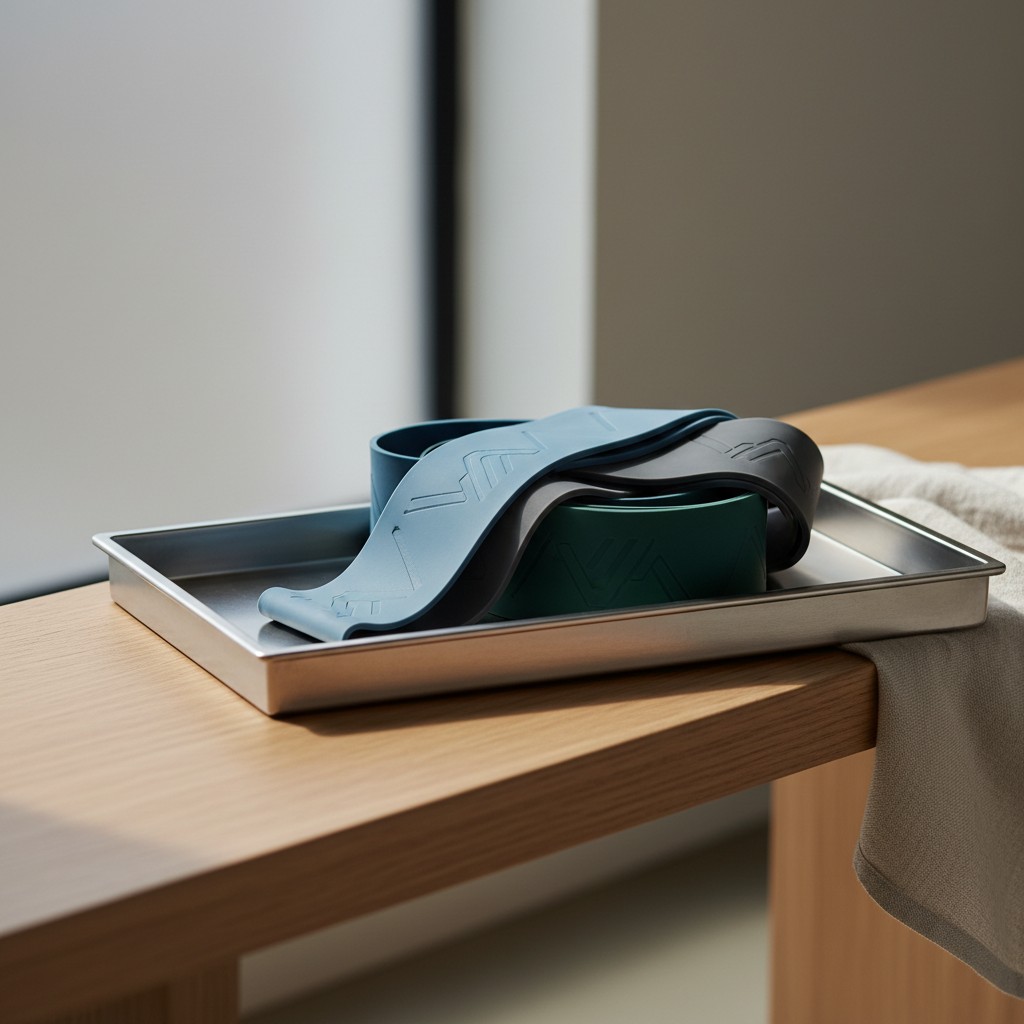 Two fashion after-smile devices, one blue and one green, resting on a baking tray atop a wooden kitchen table. Stackable s...
