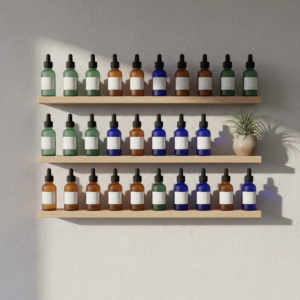 Image description: Three shelves with various colored bottles and a plant.